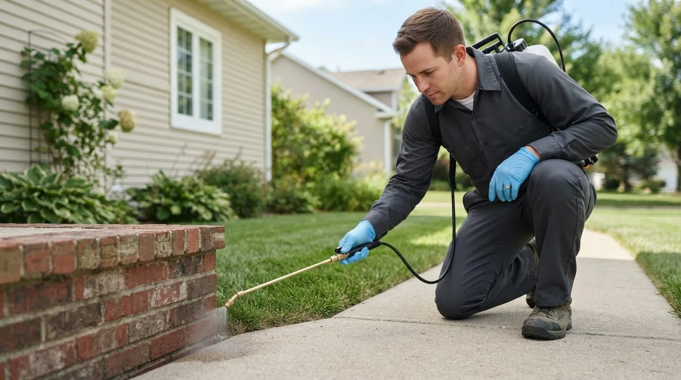 Pest control technician treating a home near Cissna Park, IL